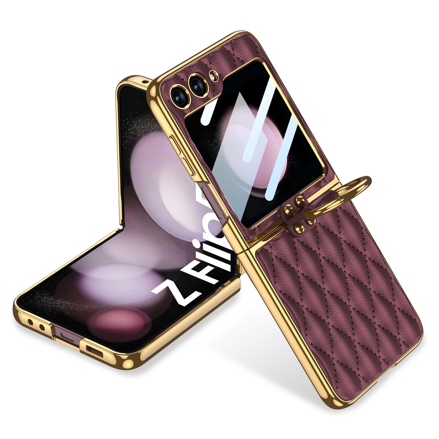 GKK For Samsung Galaxy Z Flip5 5G Rhombic Pattern Hard PC PU Phone Cover Metal Ring Kickstand Case with Small Screen Film GKK For Samsung Galaxy Z Flip5 5G Rhombic Pattern Hard PC PU Phone Cover Metal Ring Kickstand Case with Small Screen Film